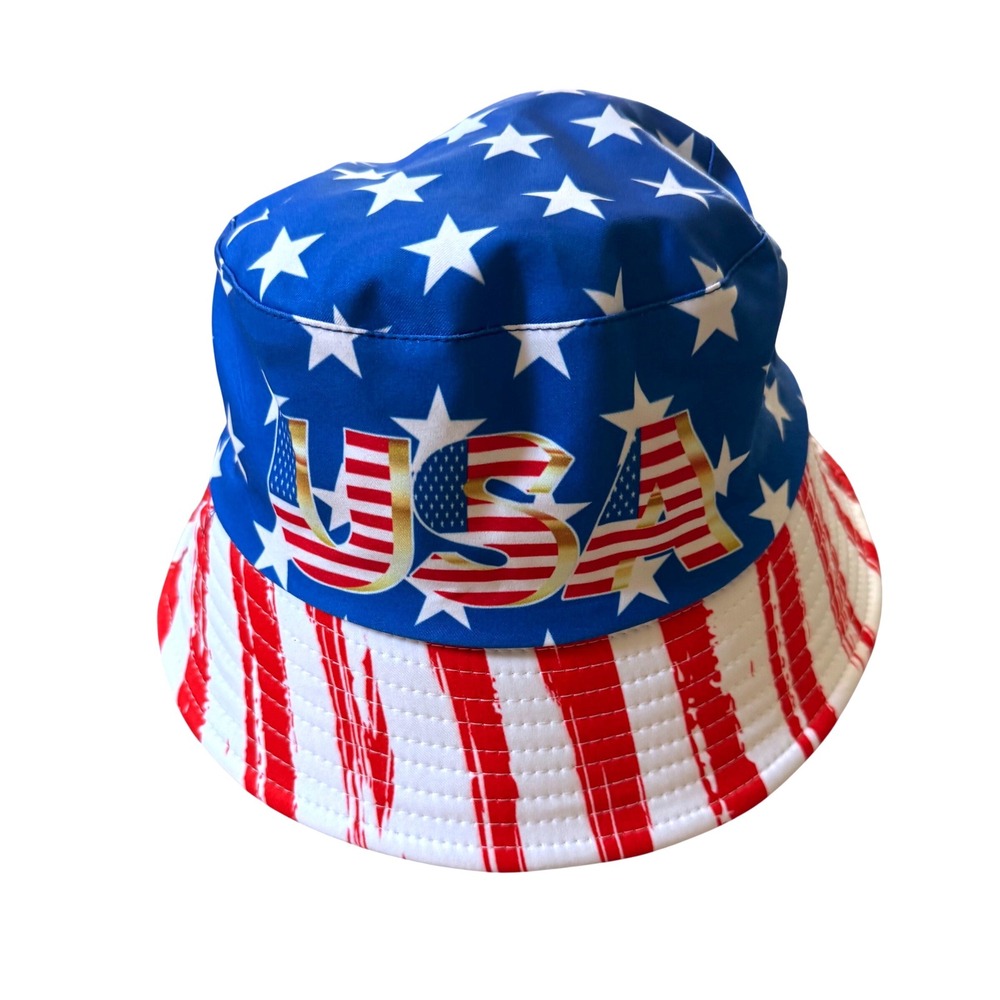 Fashion USA American Flag Bucket Hat Stars and‎ Stripes Red White Blue Patriotic